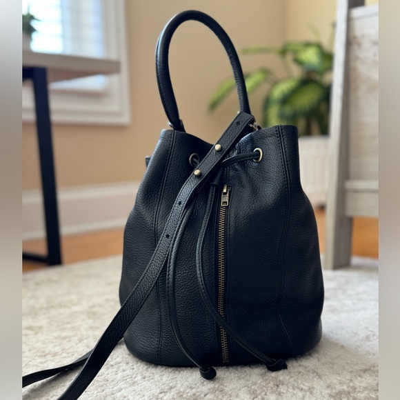 Status Anxiety Black Leather Drawstring Bucket Crossbody Bag - Picture 3 of 10